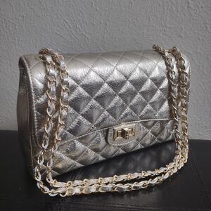 Italian Genuine Leather Quilted Metallic Gold Champagne Handbag – Made in Italy